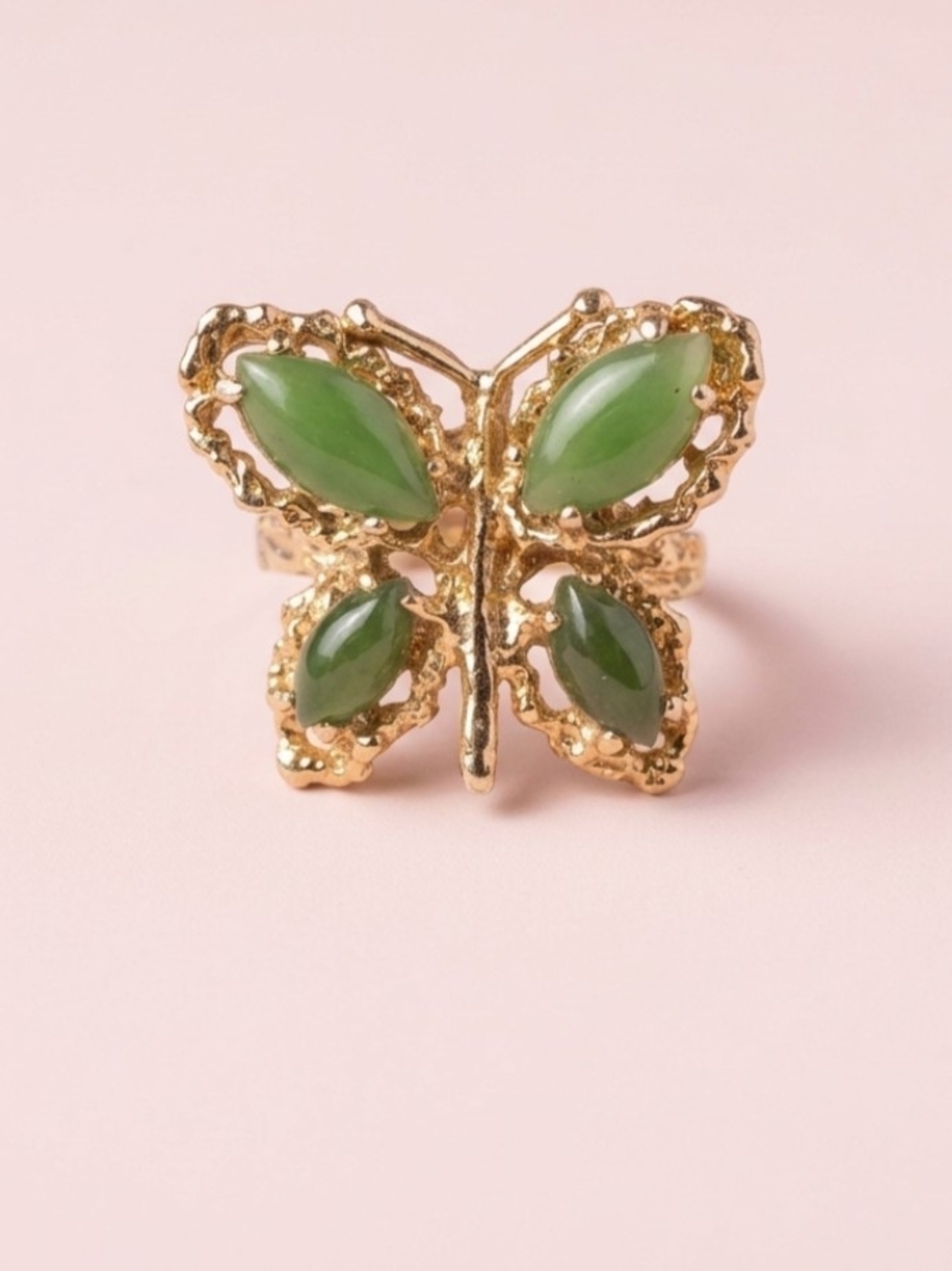 Vintage Gold Butterfly Ring with Green Cabochons